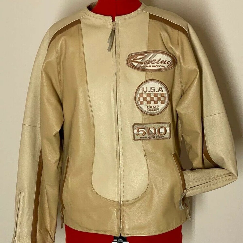 Marcia Beige/ Brown Leather Racing Jacket XL